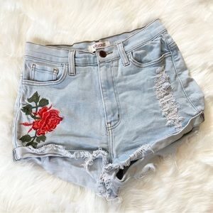 ✨Vibrant Red Floral Embroidered Raw Hem High Rise Distressed Denim Shorts Size M